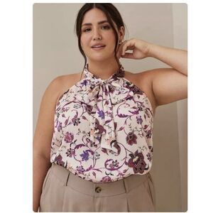 Torrid Pink Purple Floral Satin Bow Tie-Front Sleeveless Halter Top Size‎ 4X